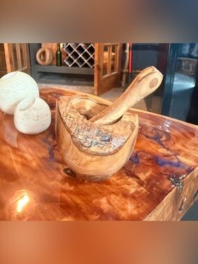 Hand-Carved Wooden Mortar and Pestle - Natural Wood